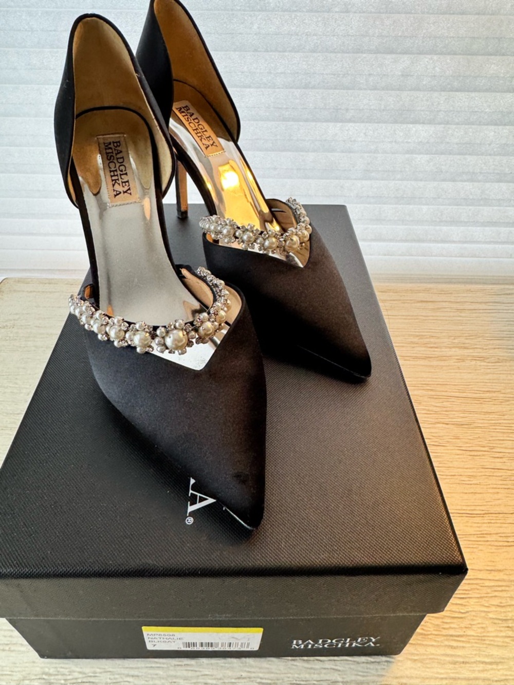 Badgley Mischka Black Satin Pointed-Toe Crystal & Pearl Embellished Heels